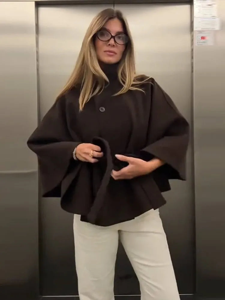 Faux Fur Cloak Jackets Women Loose Standneck Three Button Wide Sleeves Belt Coats Female 2026 Autumn Solid Chic Fashion Outwears