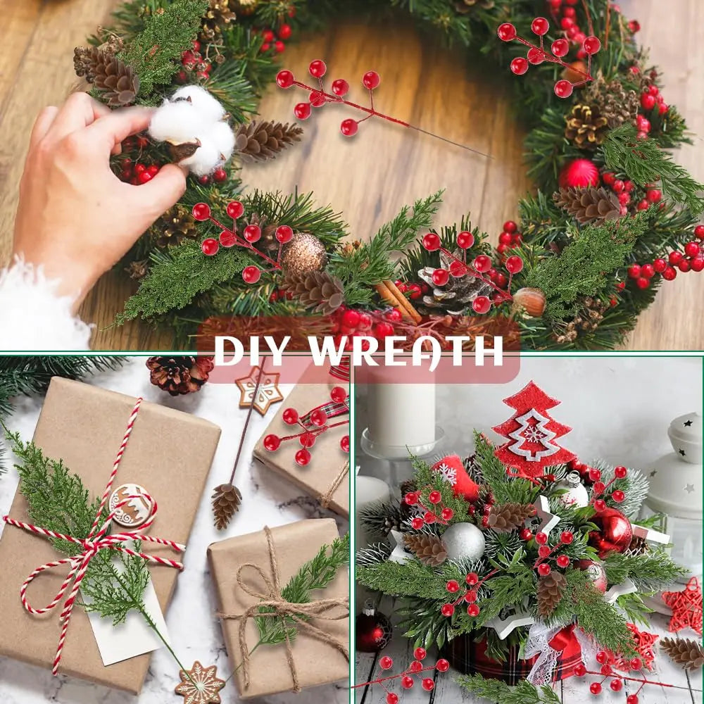 30pcs Christmas Artificial Pine Branches Red Berry Stems Pine Cones Greenery Picks for DIY Wreath Garland Xmas Home Decoration