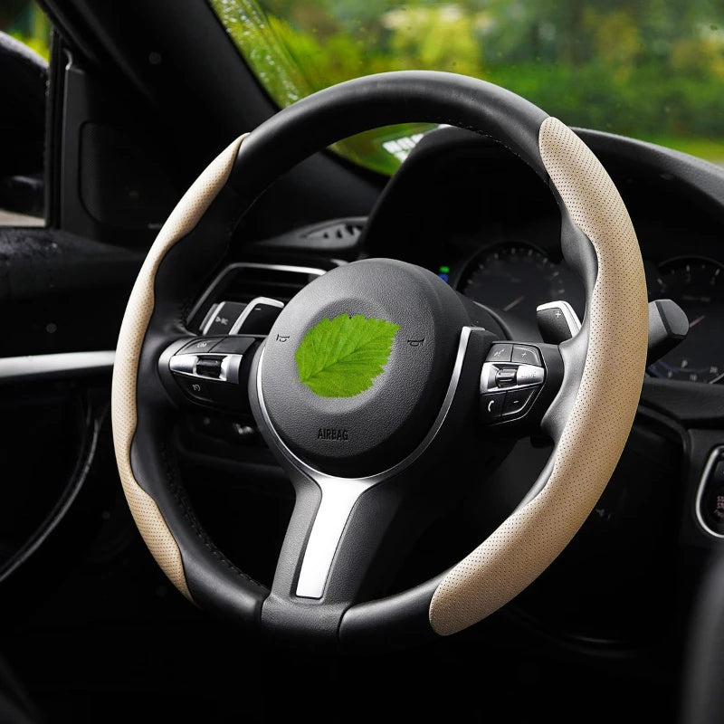 Universal D-shaped Round Car Steering Wheel Cover Ventilation Hole Leather Absorb Sweat Anti-slip Decoration Accessories 15inch