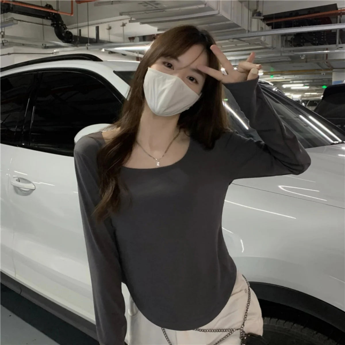 Square Neck Long Sleeve T-Shirt Women Spring Autumn New Irregular Hem Slim Casual Top Solid Bottom Shirts New Korean Streetwear
