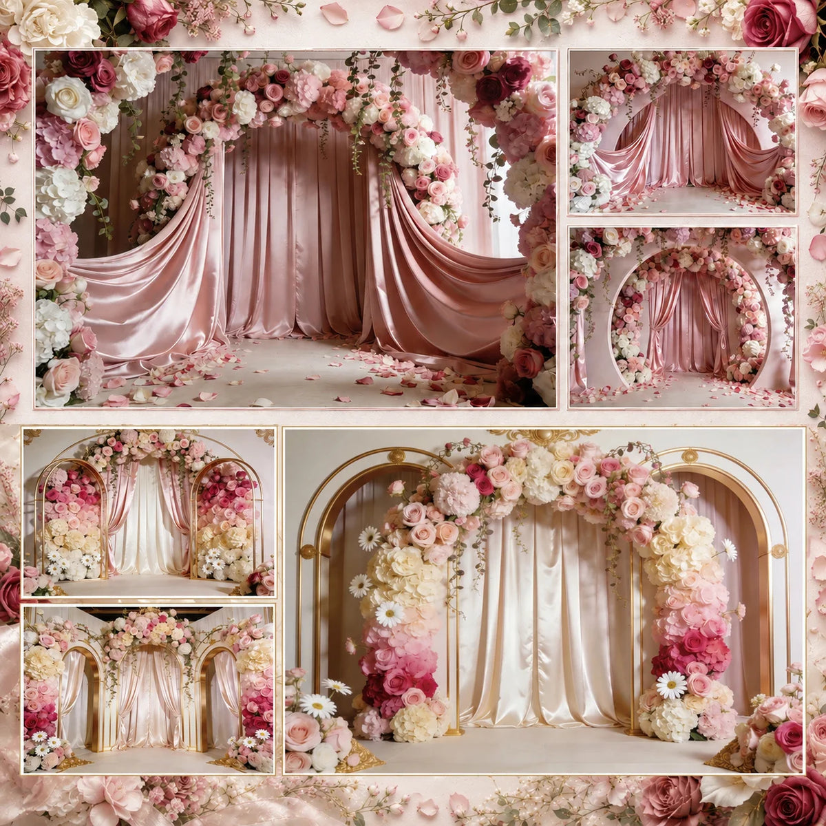 Pink Floral Wedding Backdrop Rose Arch Satin Drapery Photography Background for Bridal Shower Ceremony Photo Booth Decor