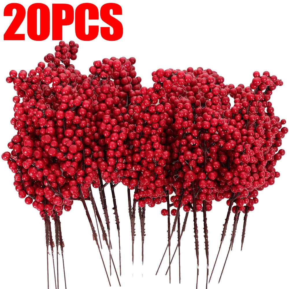 Christmas Artificial Berries Stem Frosted Red Holly Berry Picks Xmas Tree Garland Wreath Floral Arrangement Winter Holiday Decor
