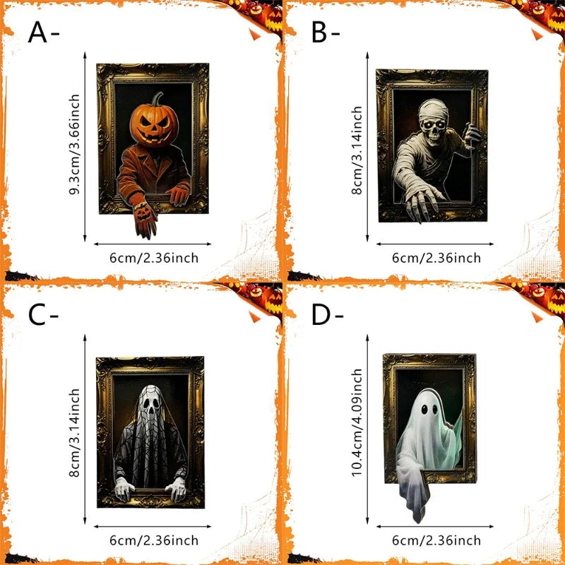 4/8PCS Halloween Wooden Refrigerator Magnet Spooky Art Fridge Magnet Frame Picture Stickers Halloween Party Gift Home Decor