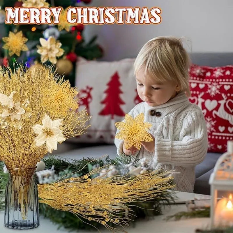 5Pcs Christmas Glitter Poinsettia Flowers Artificial Berry Christmas Tree Ornament for Xmas Wreath Floral New Year 2026 Decor