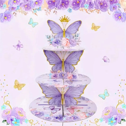 Buttleply 3 Tier Cupcake Stand Purple Butterfly Cupcake Stand Decoration - 3-Tier Butterfly Floral Crown Cupcake Tower Cardboard