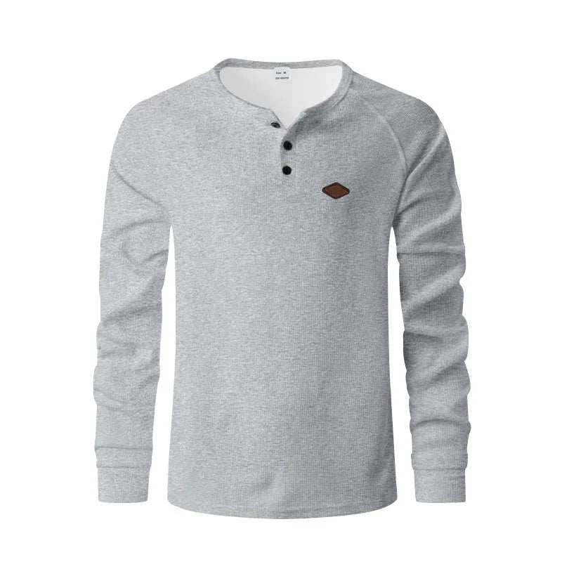 Mens Waffle Texture Henley Neck Long Sleeve Top Raglan Sleeve Leather Label Decor Loose Casual Solid Color Daily Pullover Shirts