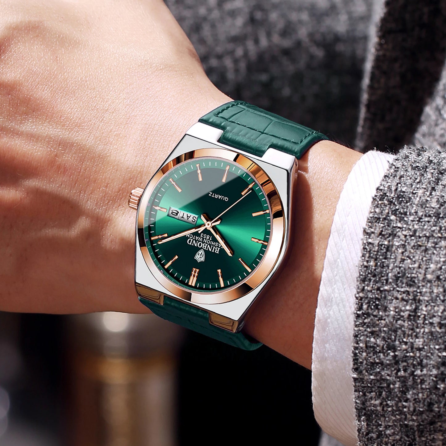 BINBOND Durable Men's Watch Reloj Leather Strap Luxury Quartz Wristwatches Precise Luminous Waterproof Auto Date Week Display