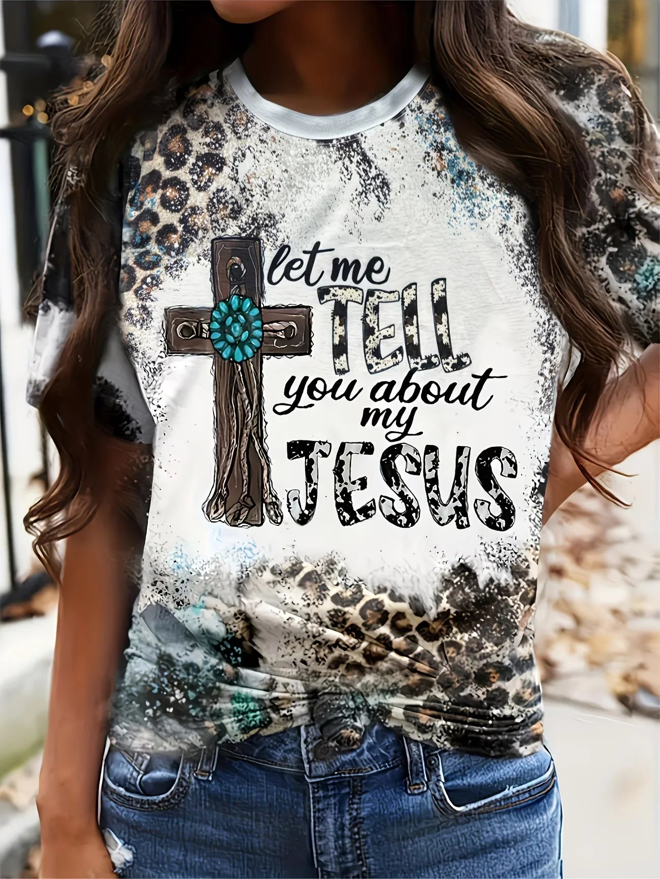 Crew Neck Short Sleeve Jesus Cross Print T Shirt Women's Outfits Casual Streetwear Retro T shirts For Lady