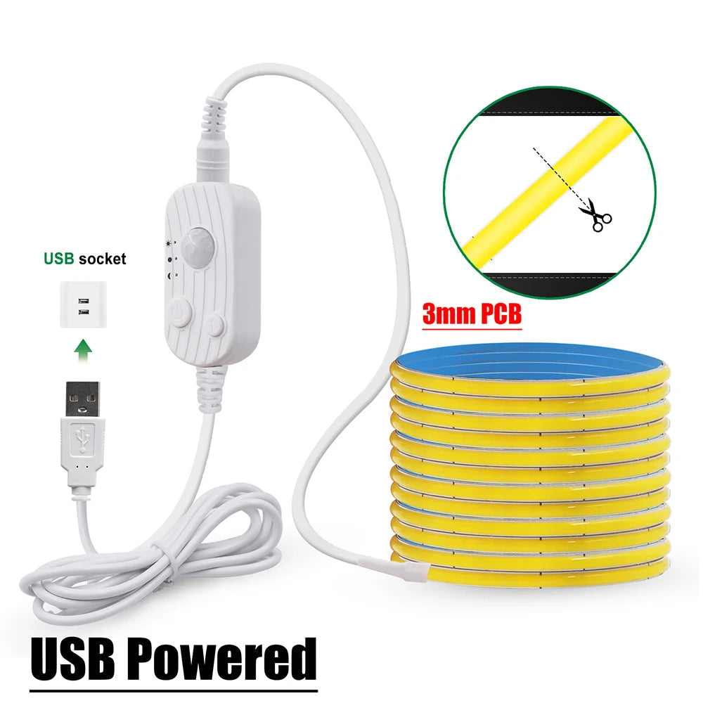 5V Motion Sensor Nigth Light COB Led Strip USB Battery Power 3mm 5mm 8mm PCB 320 LEDs Flex Lamp for Under Cabinet Kitchen Stairs