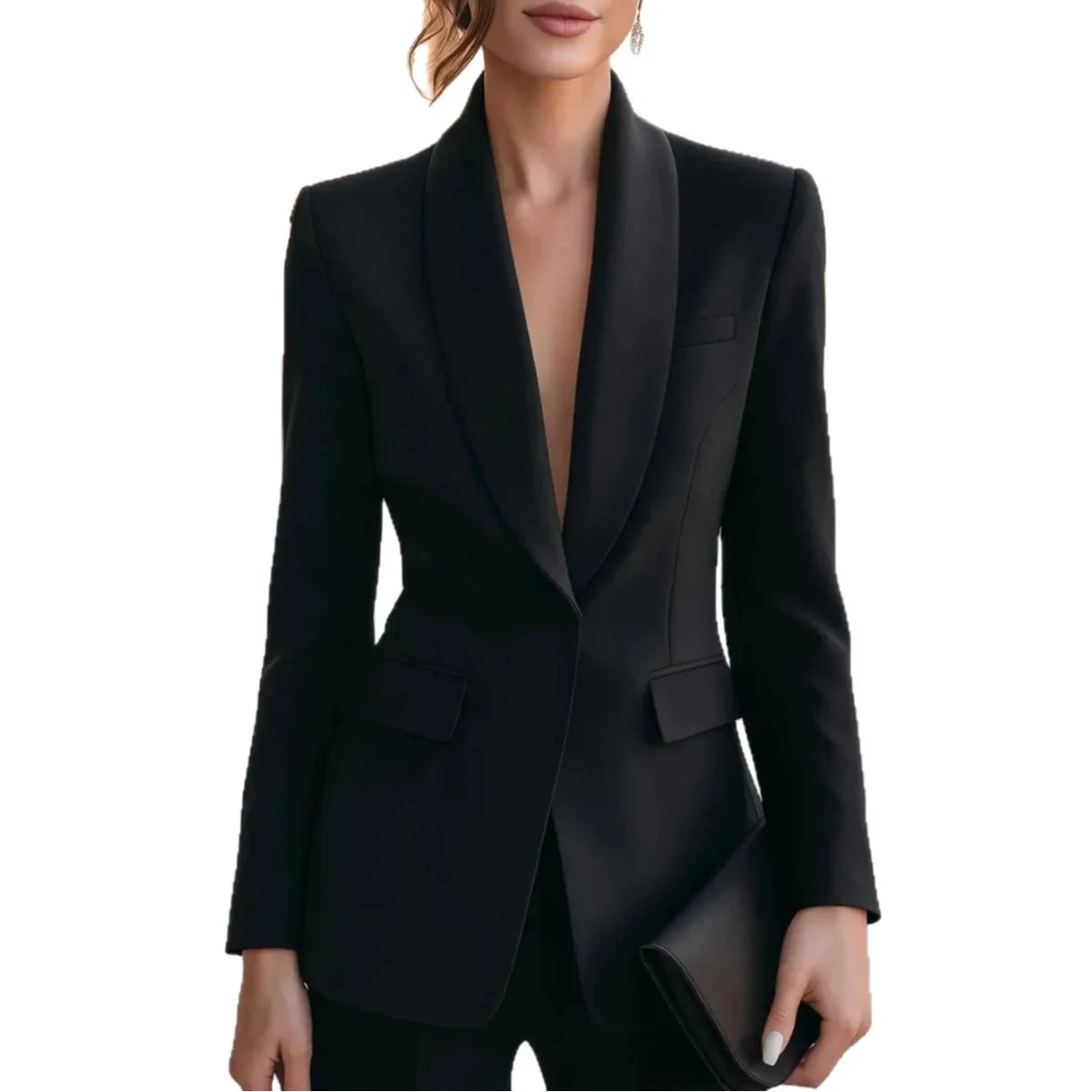 Women Formal Blazer Jacket Shawl Lapel Deep V Neck Shoulder Pad Long Sleeve Slim Office Business Coat