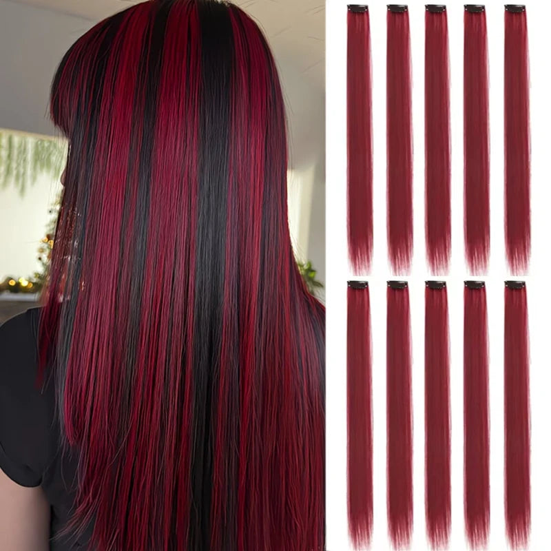 10PCS Hair Extensions Clip in -24 inch Colorful Hair Extensions Party Highlights Long Straight Synthetic Wigs,Suitable for Girl