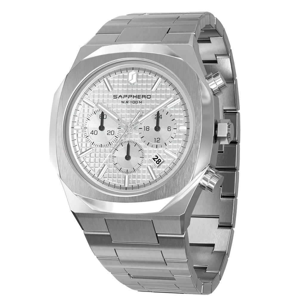 SAPPHERO Men's Luxury Quartz Watch with, Stainless Steel Case, Chronograph, Date Display, 10ATM Waterproof Wristwatch
