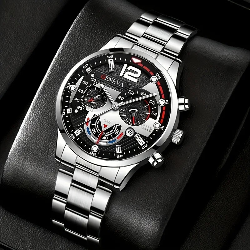 Men's Geneva Watch Set 4 Styles Luxury Chronograph Quartz Wristwatches Stainless Steel Band Business Casual Watch for Men