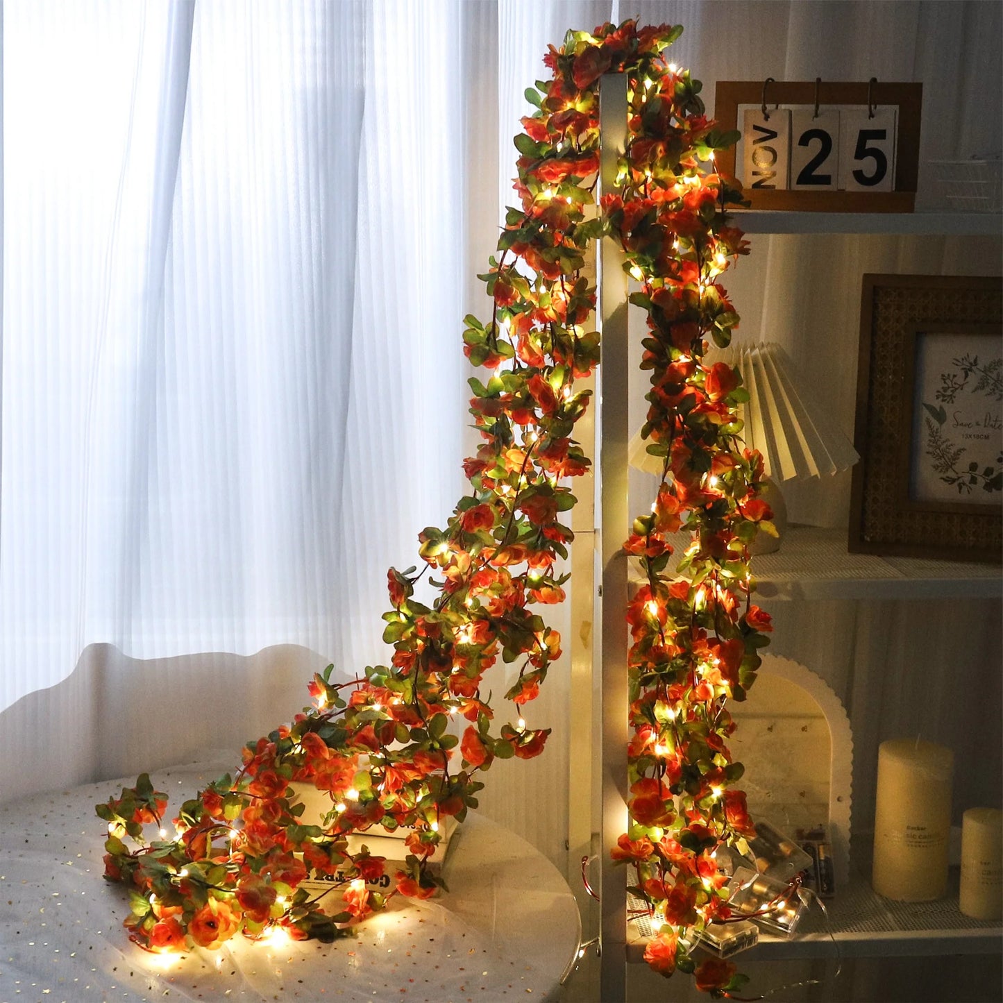 Rose LED Lights String Artificial Flowers Ivy Leaves Wedding Garland Home Room Decoration Arch Hanging Wall Garden Party Decor