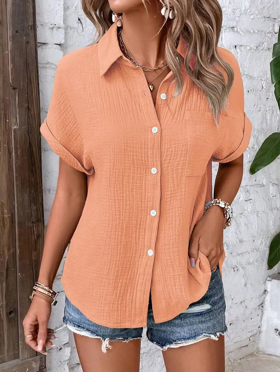 Women Casual Cotton Blouse Vintage Summer Short Sleeve Slim Shirt Elegant Turn Down Collar Solid Tunics Harajuku Streetwear Tops