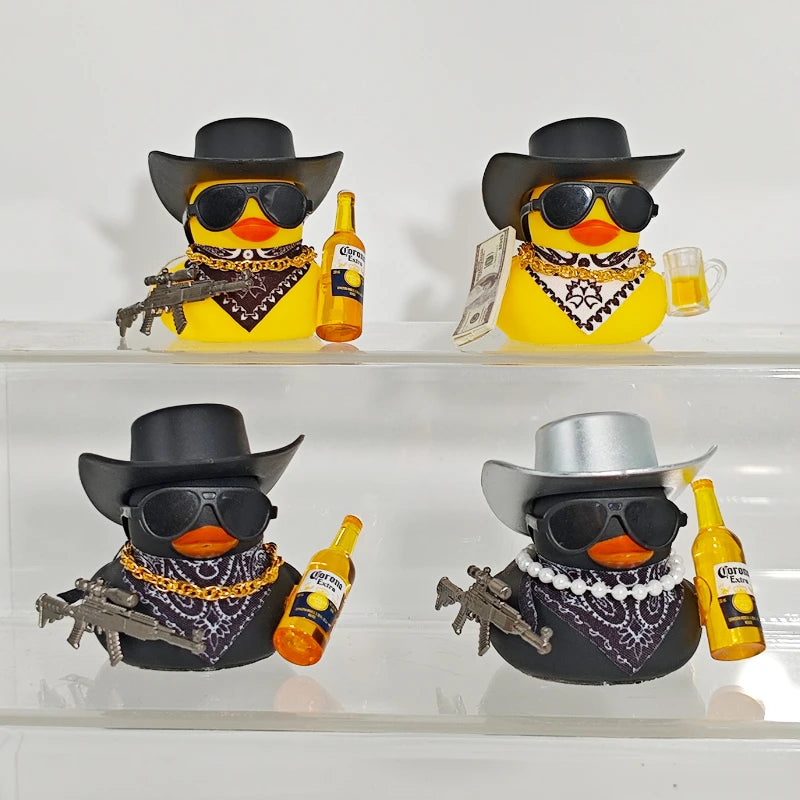 Cute Fortunate Rich Duck Car Dashboard Decoration Yellow Black Duck with Cowboy Hat Scarf Bottle for Women Men Car Ornament