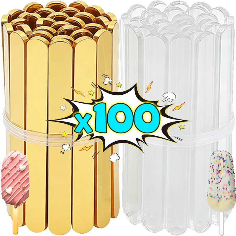 100/10pcs Acrylic DIY Popsicle Sticks Transparent Gold Popstick for Ice Cream Cakesicle Candy Creamsicle Mould Party Decor Gifts