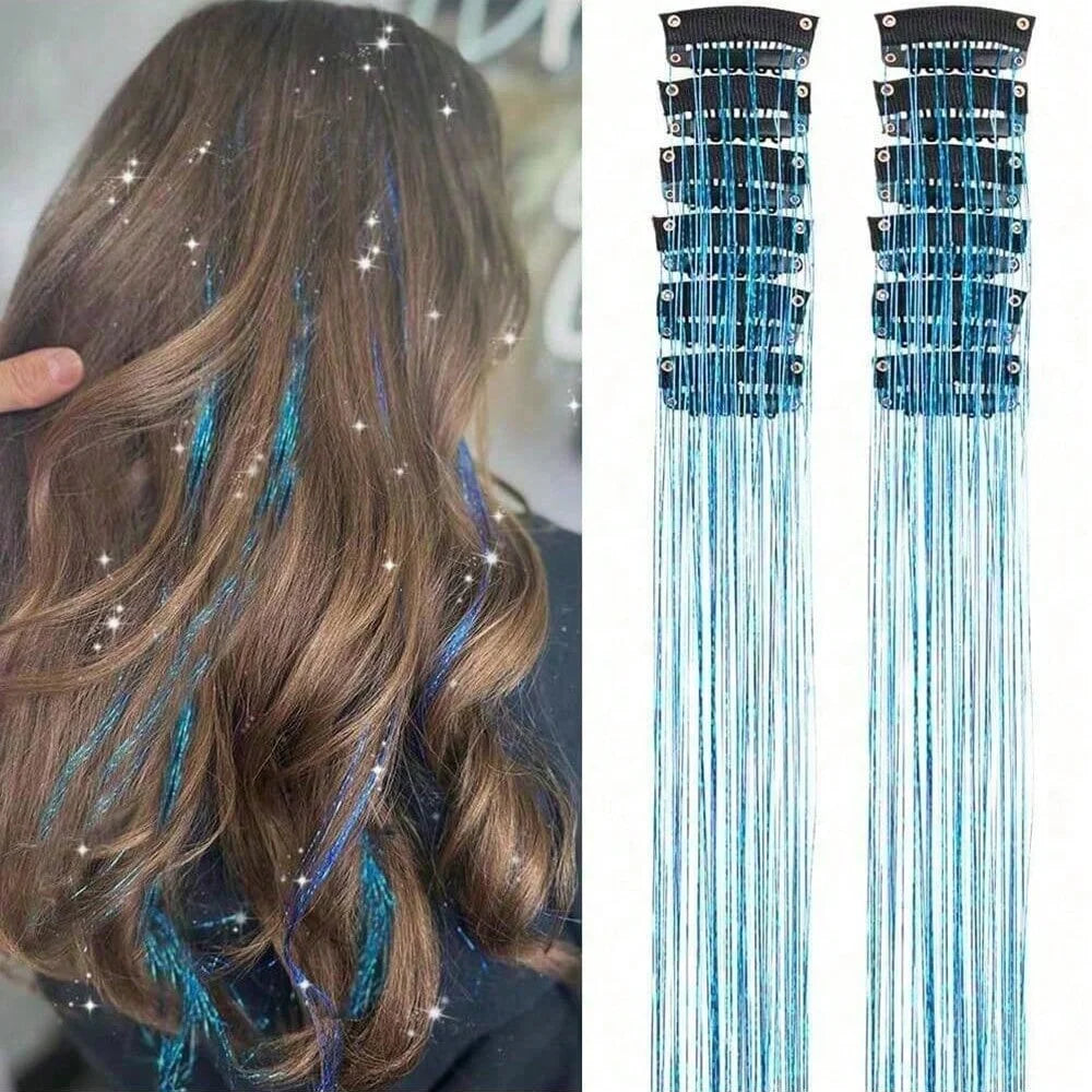 12Pcs Hair Tinsel Clip In 19.7" Glitter Tinsel Hair Extensions Synthetic Clip In Sparkle Hair Accessories For Kids Girls Women