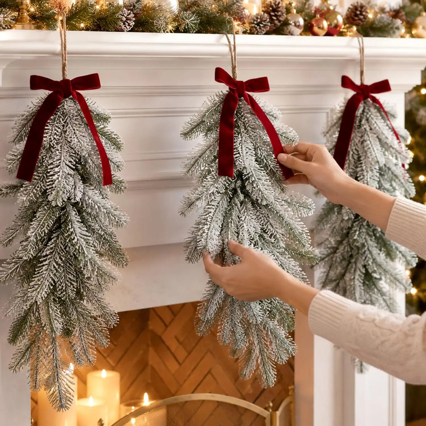 Frosted Pine Branches Pendant Wall Decor Artificial Cedar Frosted Pine DIY Garland Wreath Fake Snow Sprigs Christmas Decoration