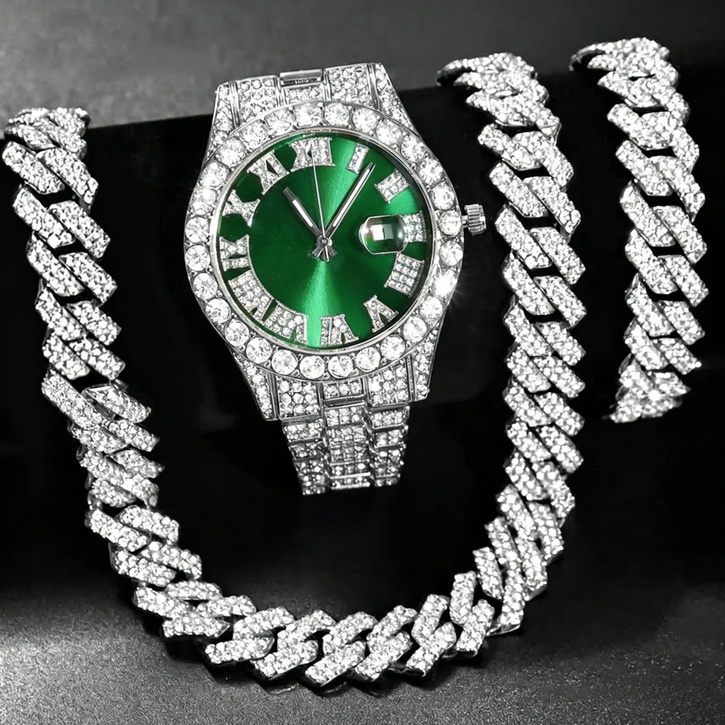3PCS Hip Hop Iced Out Men's Watch Jewelry Set Luxury Rhinestone Quartz Wristwatch Cuban Link Chain Accessories for Women Gift