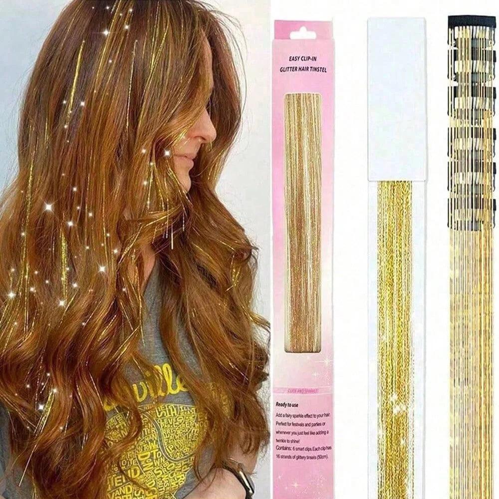 12Pcs Hair Tinsel Clip In 19.7" Glitter Tinsel Hair Extensions Synthetic Clip In Sparkle Hair Accessories For Kids Girls Women