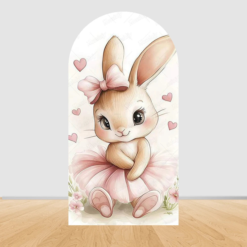 Cute Pink Bow Ballerina Bunny Rabbit Arch Backdrop Cover Flowers Pink Ballet Girl 1st Birthday Party Decor Arch Wall Background