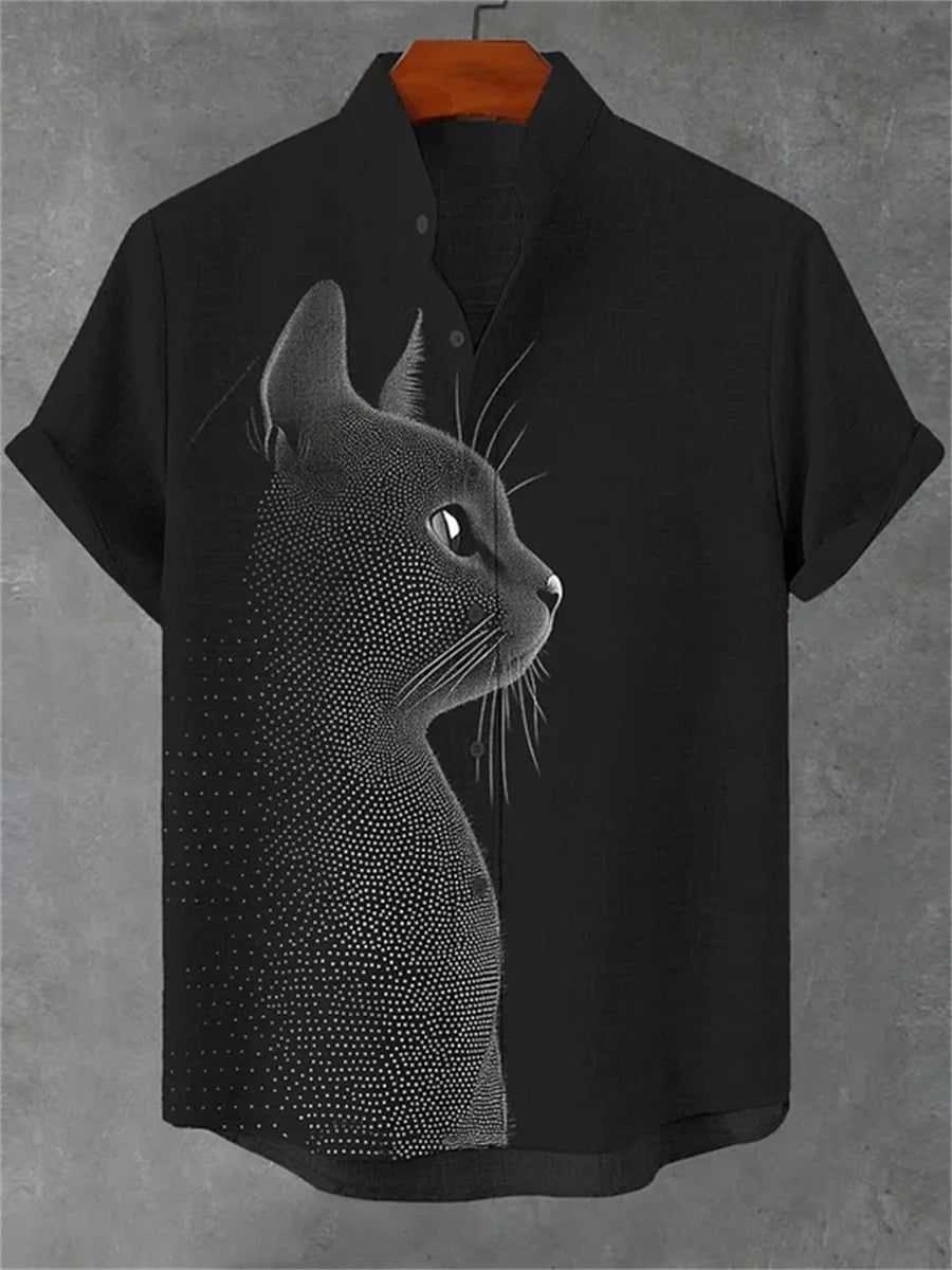 Men's blue and white color-blocked short-sleeved shirt with black cat print, collared casual outdoor vacation Hawaiian shirt.