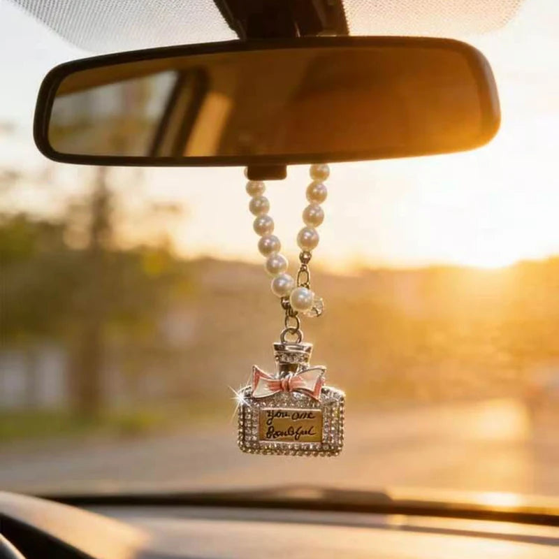 Fashionable Bow Knot Diamond Inlaid Perfume Bottle Car Interior Pendant Exquisite with Drill Car Rearview Mirror Car Accessories