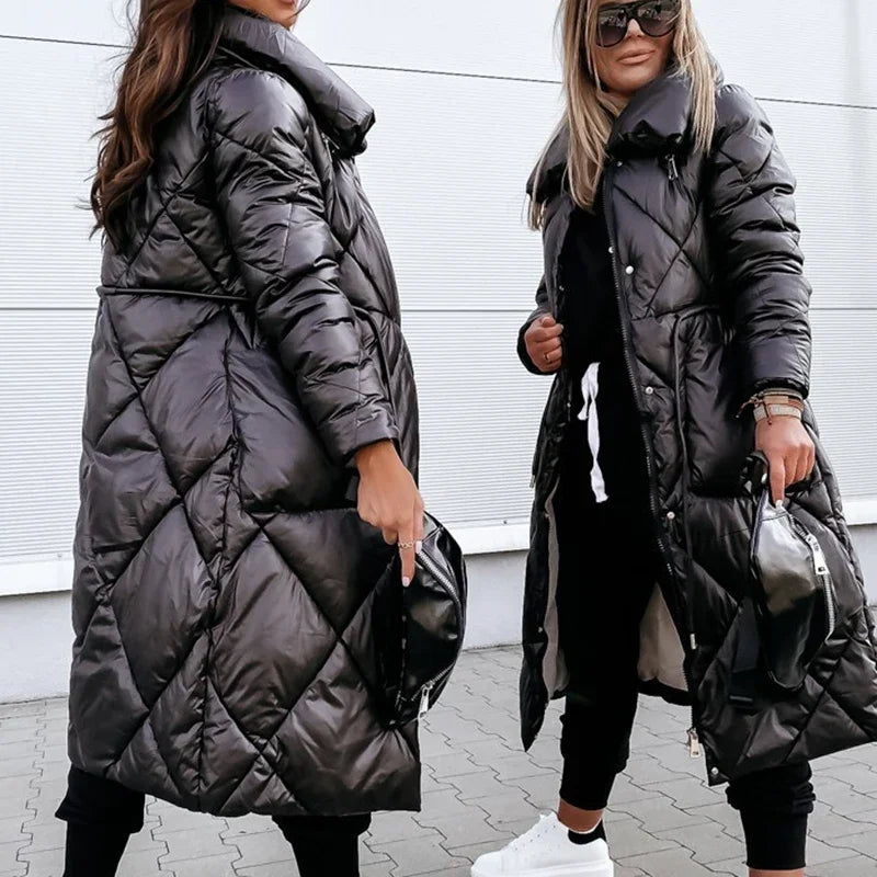 Fashion New Women Solid Color Thicken Warm Parkas Coats Winter Simple Stand Collar Long Sleeve Zipper Casual Slim Female Coats
