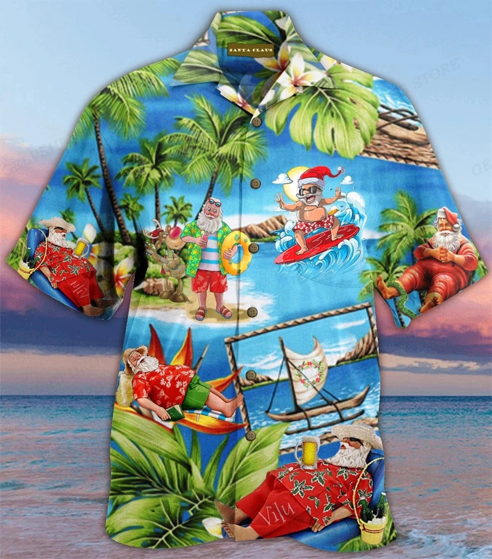 Men's Shirt Vocation Bus 3d Print Men Fashion Shirts Single-Breasted Short Sleeve Hawaiian Beach Dart Blouse Clothes