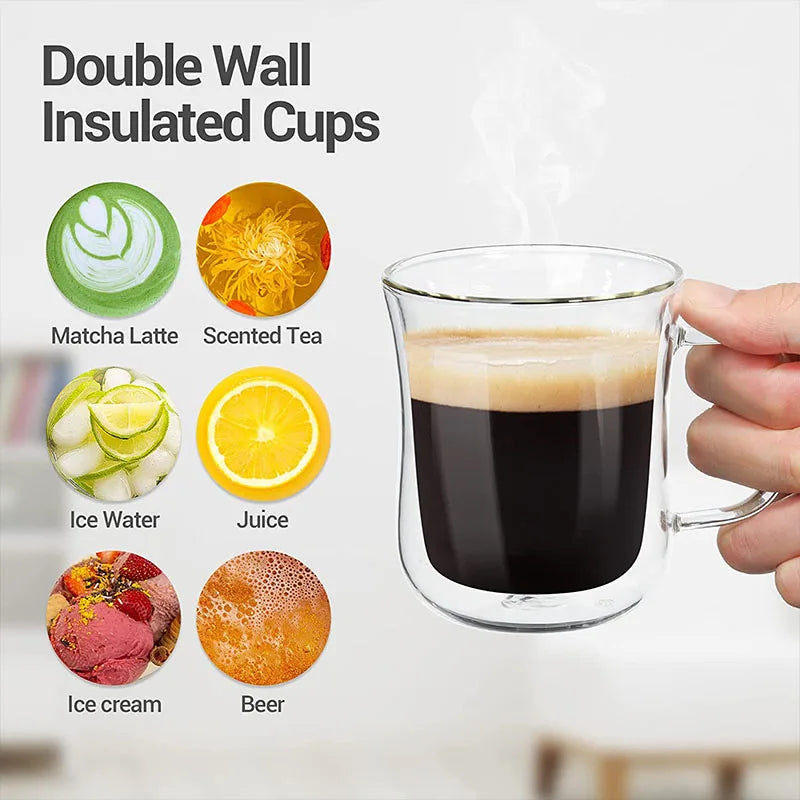 YWDL 1-4pcs Double Wall Glass Espresso Cups Clear Coffee Mug With Handle For Hot Cold Beverage Wine Milk Juice Drinkware Set