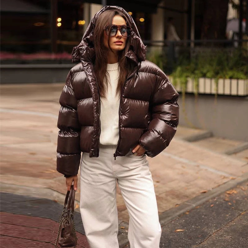 Women's Glossy Shiny Hooded Zip Cropped Puffer Jacket Oversized Loose Fit Long Sleeve Elastic Cuff Padded Warm Casual Winter Top