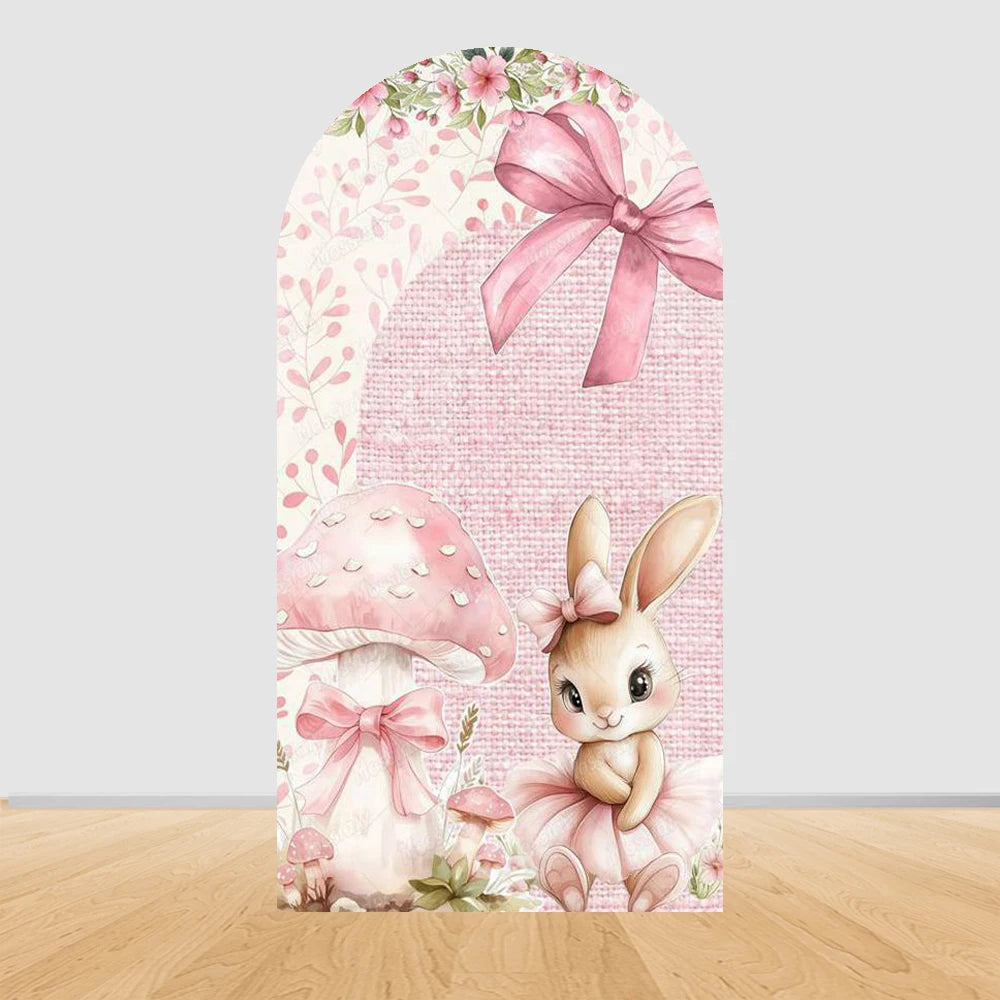 Cute Pink Bow Ballerina Bunny Rabbit Arch Backdrop Cover Flowers Pink Ballet Girl 1st Birthday Party Decor Arch Wall Background