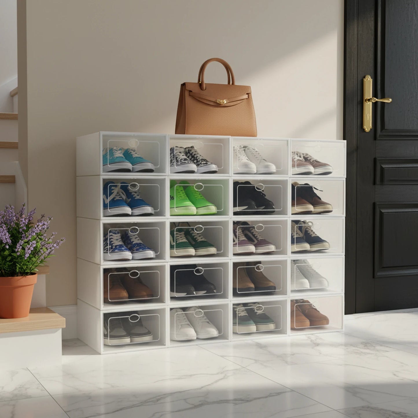 20Pcs Stackable Shoe Storage Box, Foldable Plastic Shoe Organizer with Transparent Door, Dustproof Container for Closet