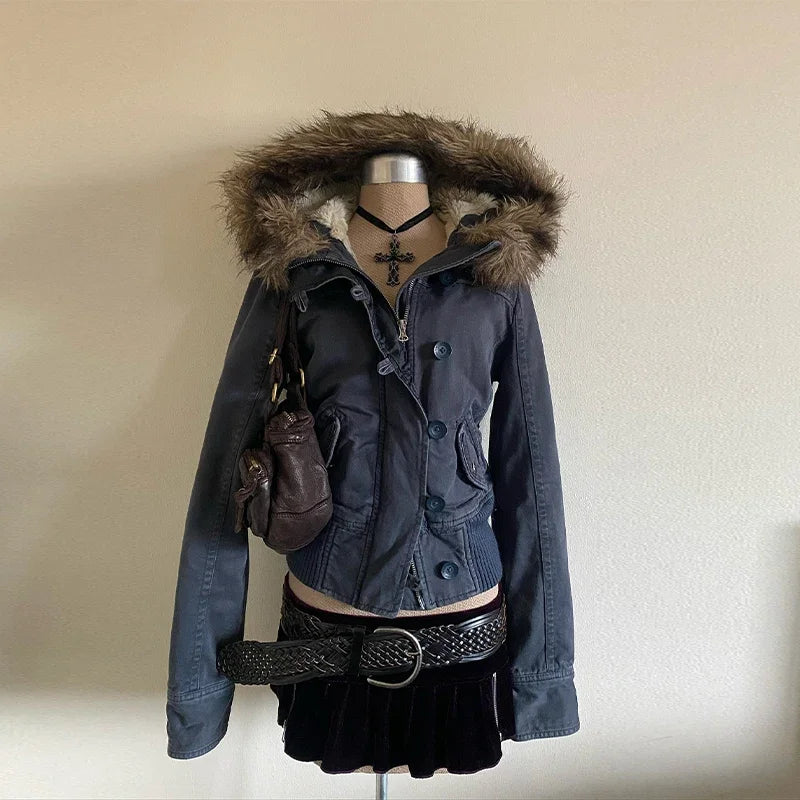 Autumn And Winter New Fashion Casual Fur Collar Jacket Female Y2K High Street Popular Padded Velvet Cotton-padded Jacket Coat