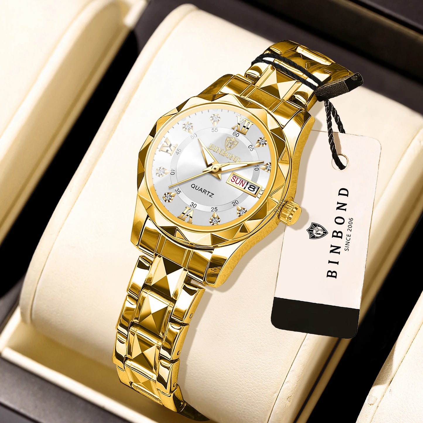 BINBOND Ladies Reloj Sturdy Quartz Watches For Women Luxury Luminous Waterproof Accurate Auto Date Week Display Women's Watch