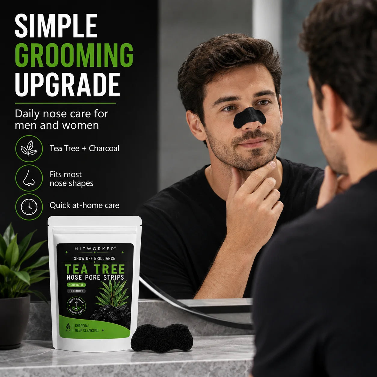 Tea Tree Charcoal Nose Pore Strips, Deep Cleansing Blackhead Remover for Men & Women, Oil Control Nose Care, 10–15 Min Routine