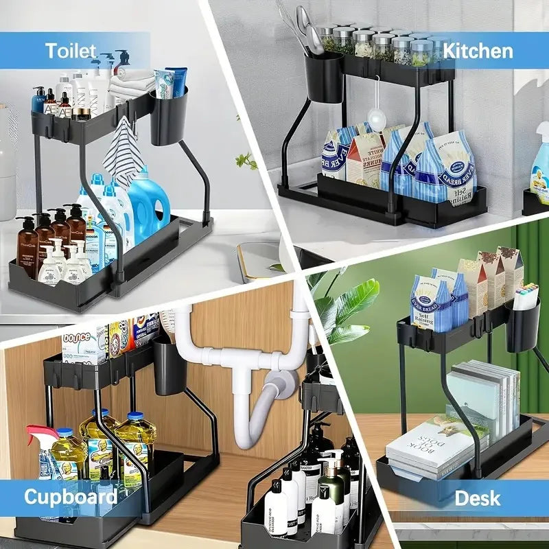 2-Tier Pull Out Under Sink Organizer Space Saving Rack Kitchen Bathroom Holder For Cleaning Supplies Toiletries Sundries