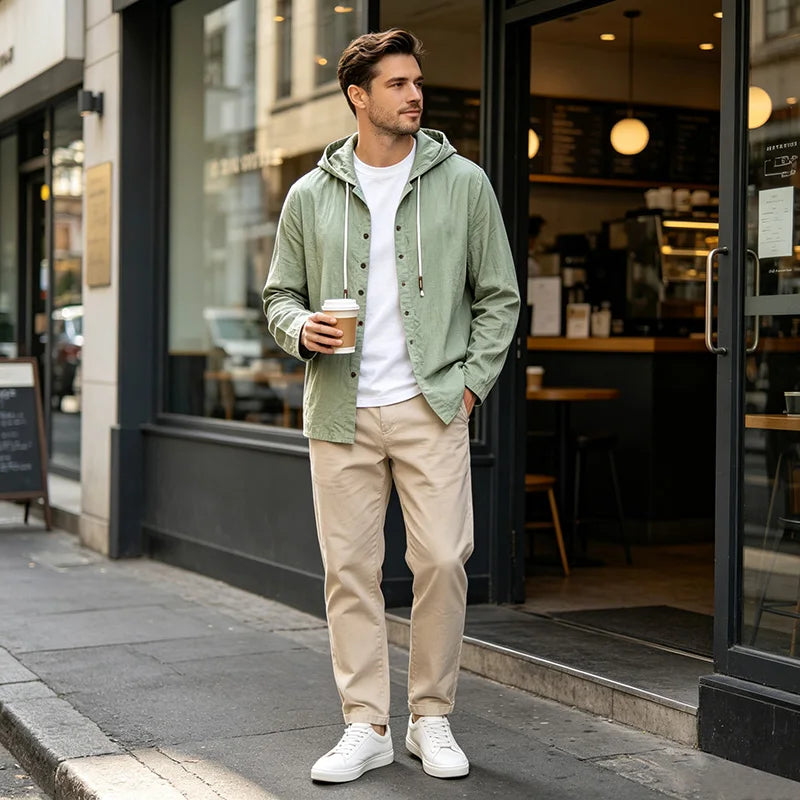 2026 New Men Cotton Linen Hooded Long Sleeve Shirt Drawstring Hood Casual Beach Vacation Travel Daily Walking Button Down Blouse