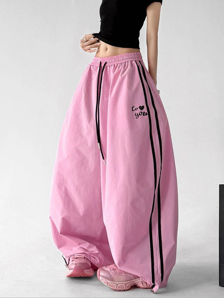 Hip Hop Striped Cargo Pant Women Streetwear Vintage Y2K Parachute Pants Loose Summer American Bf High Waist Letter Trousers New