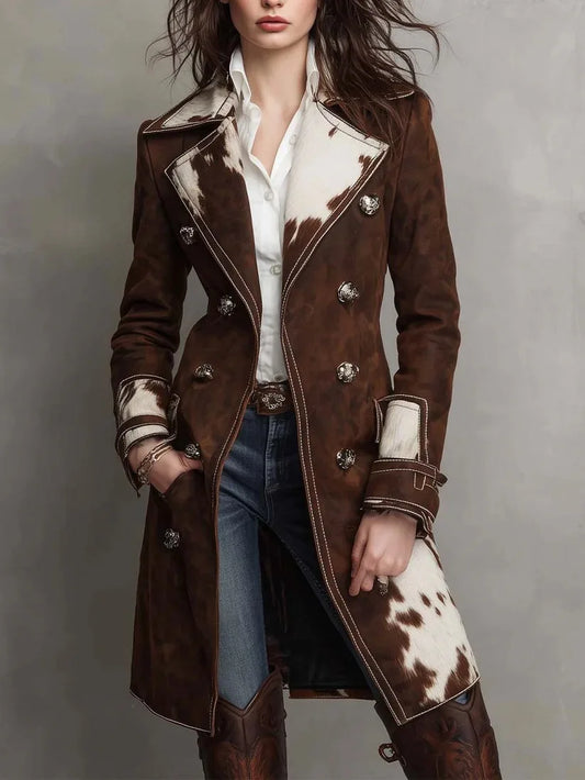 Women Western Cowboy Style Long Trench Coat Cow Print Patchwork Double Breasted Lapel Collar Suede Mid‑Length Outerwear
