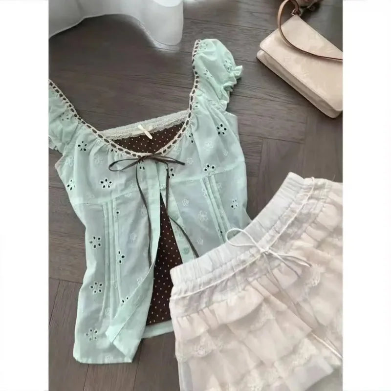 Kawaii Lolita Fake Two Piece Shirts Women Slim Elegant Lace Bow Tees Japanese Harajuku Y2K Sweet Cute Blouse Street Daily Outfit