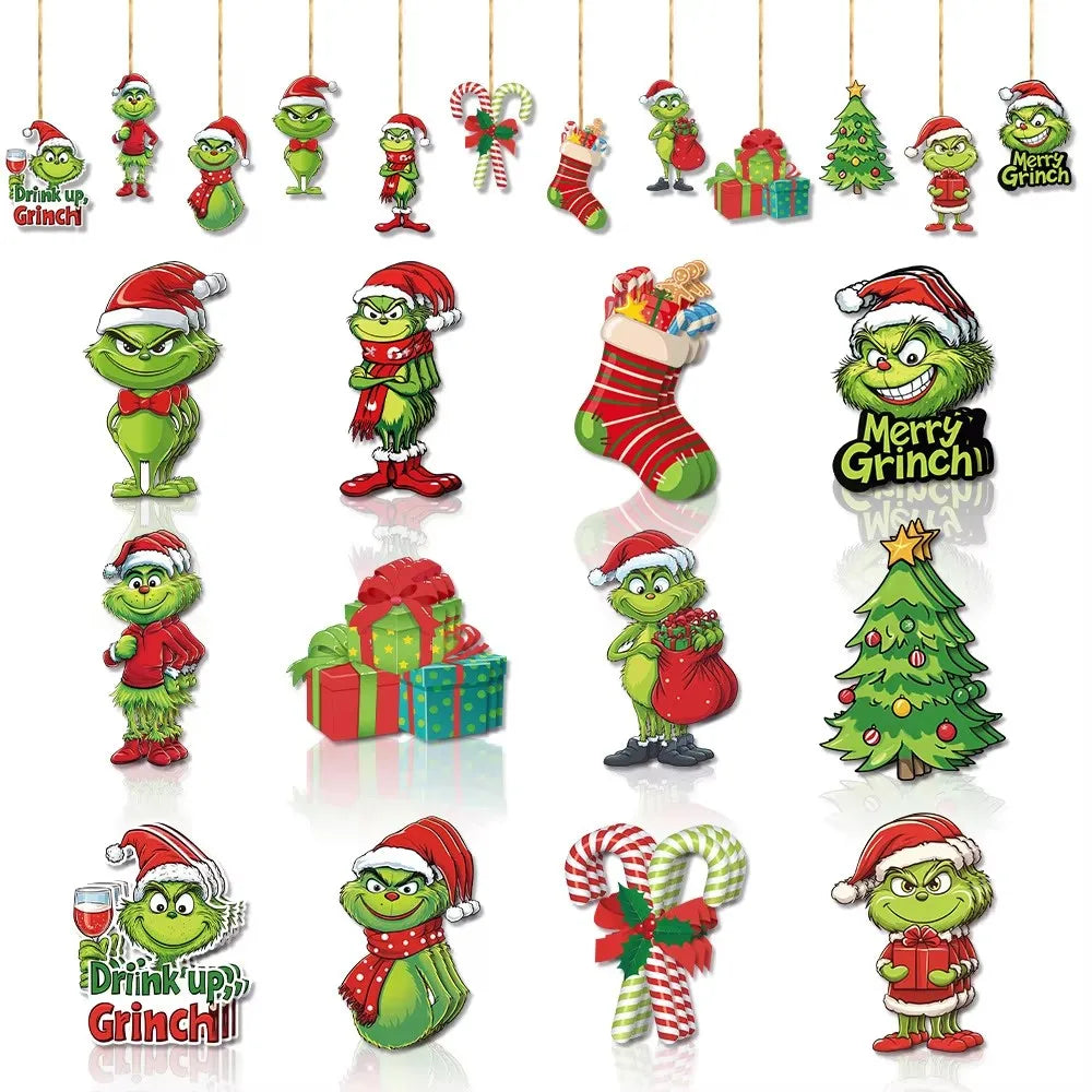 18Pcs 2D Wooden Christmas Tree Green Monsters Ornaments Cute Green Monsters Christmas Tree Pendants Christmas Cartoon Ornaments