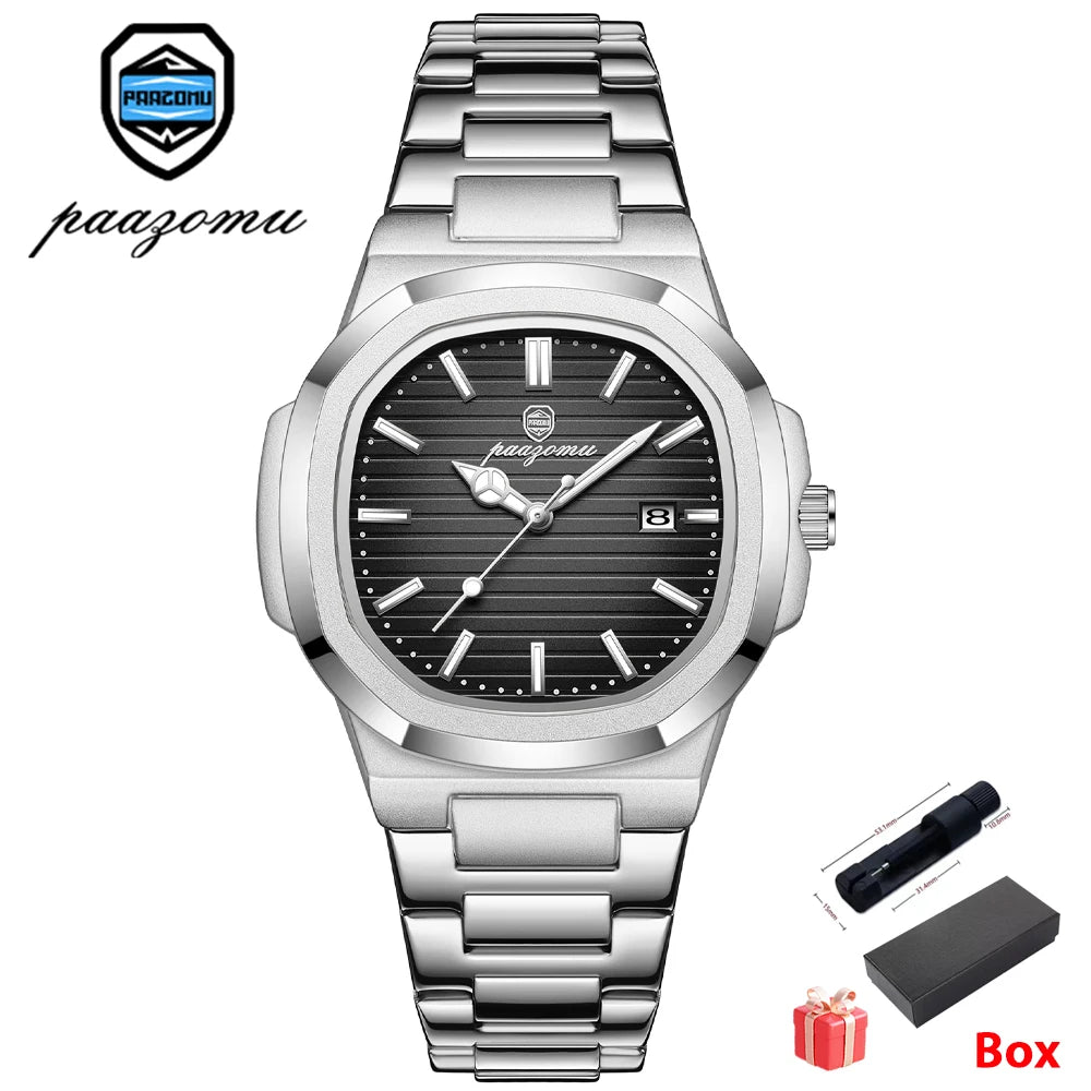 PAAZOMU Luxury Watch Business 50 ATM Waterproof Male Clock Luminous Date Stainless Steel Square Quartz Men Watches Reloj Hombre