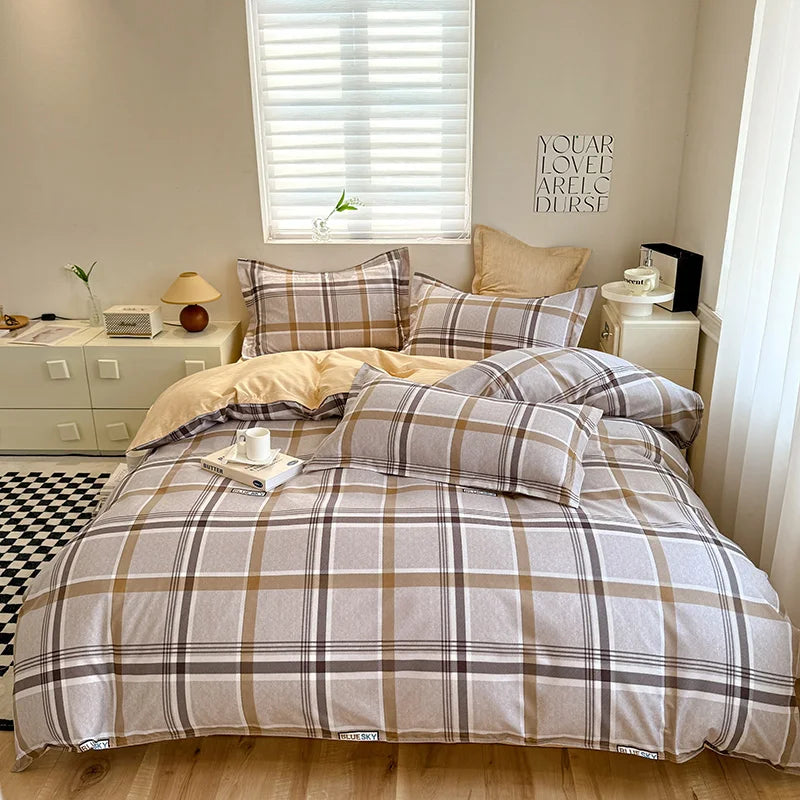 Korean Ins Pink Plaid Duvet Cover Set Queen King Bowknot Print Bedding Set Skin Friendly Soft Comforter Cover Sheets Pillowcases