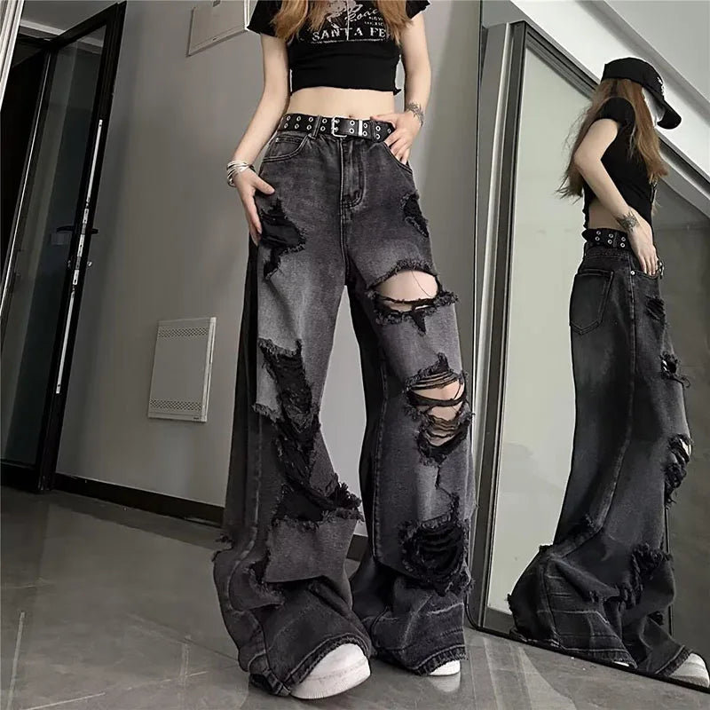 High Street Vintage Black Ripped Jeans Fashion Wide Leg Pants Women'S High Waisted Straight Leg Pants Baggy Pants Y2k Jeans