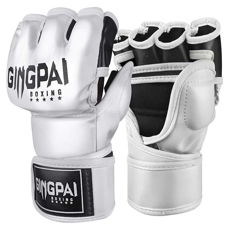 GINGPAI Half Finger Boxing Gloves PU Leather MMA Fighting Kick Boxing Gloves Karate Muay Thai Training Workout Gloves Men