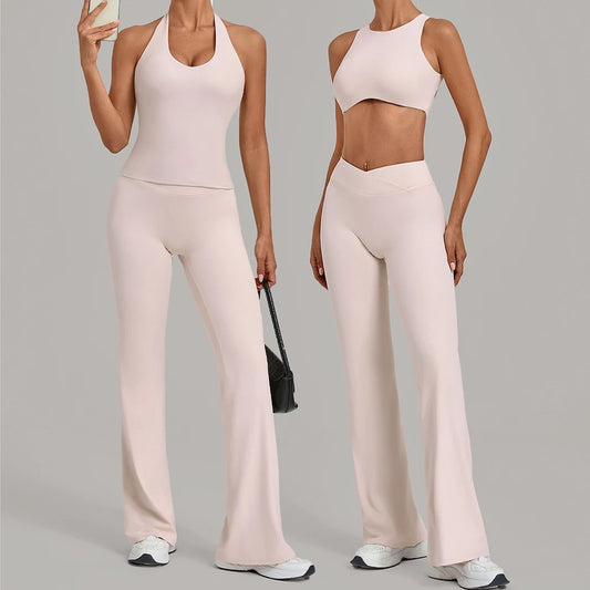 Women's 2 Piece Yoga Set High Waist Flared Pants Sports Bra Crop Top Workout Gym Athletic Outfits Female Fitness Activewear Suit
