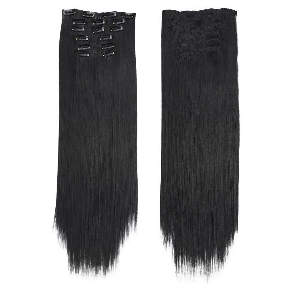 16 Clips in Hair Extensions 24Inchs Long Straight Hairstyle Synthetic Blonde Black Hairpieces Heat Resistant Fake Hair 6Pcs/Set