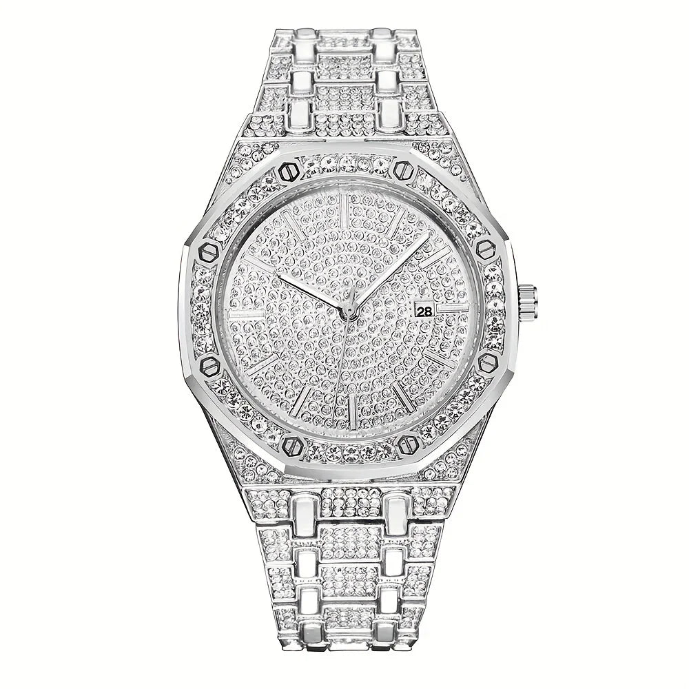 Fashion Luxury Hip Hop Diamond Style Square Men's Watch Shiny Crystal Stainless Steel Quartz Sports Men's Watch